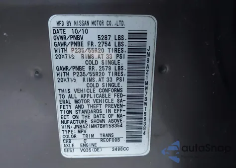 2011 Nissan Murano Le from USA, damaged, VIN JN8AZ1MW7BW158354